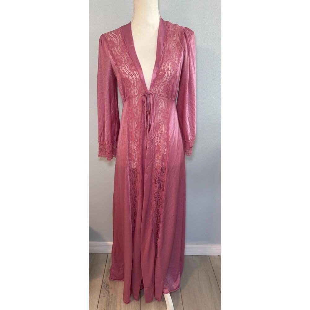 Vtg Sheer Lace Maxi Nightgown Peignoir Tie Front Long Maxi Romantic Boho Nylon S